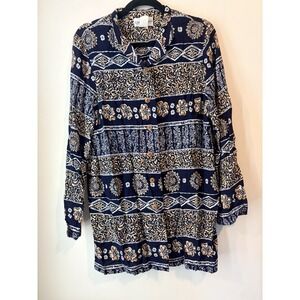 Vintage Calendar Womens Size 10 Rayon Tunic Top Navy Beige Floral Button Front